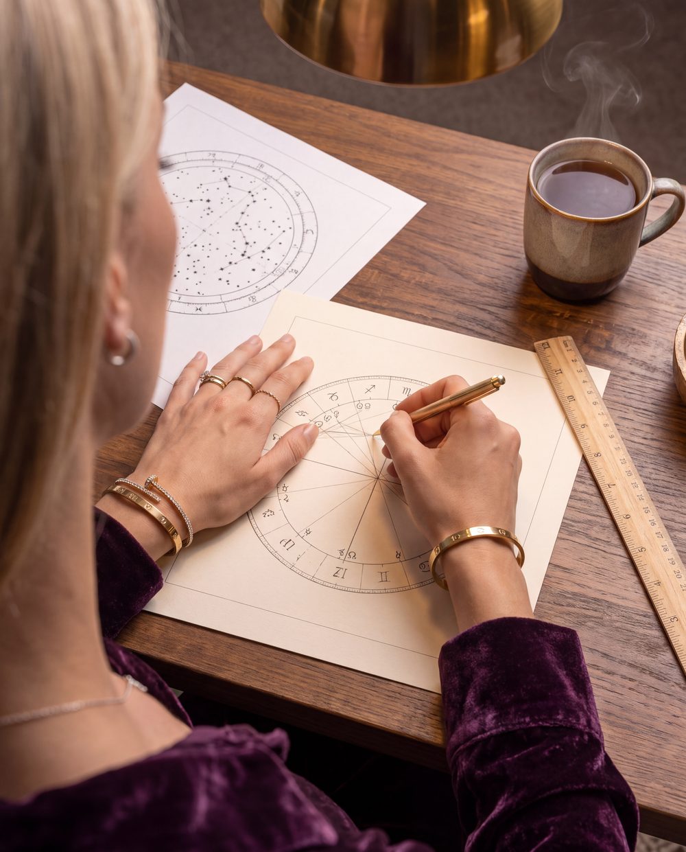 Mila's hands drawing a birth chart wheel with a gold pen